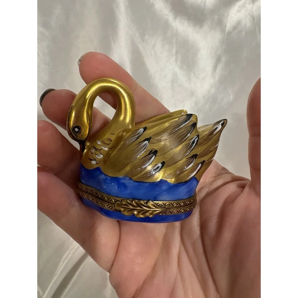 Vintage France Limoges Trinket Box Chamart exclusive Porcelain Golden Swan